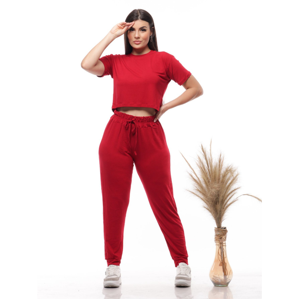Conjunto Feminino Malha Viscolycra Croped Oversized Liso Miami Calça Jogger Punho Londres Elegante C