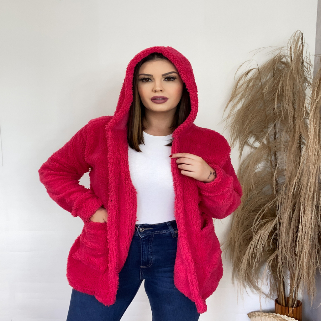 CASACO SERPA TEDDY COM CAPUZ TECIDO GROSSO INVERNO