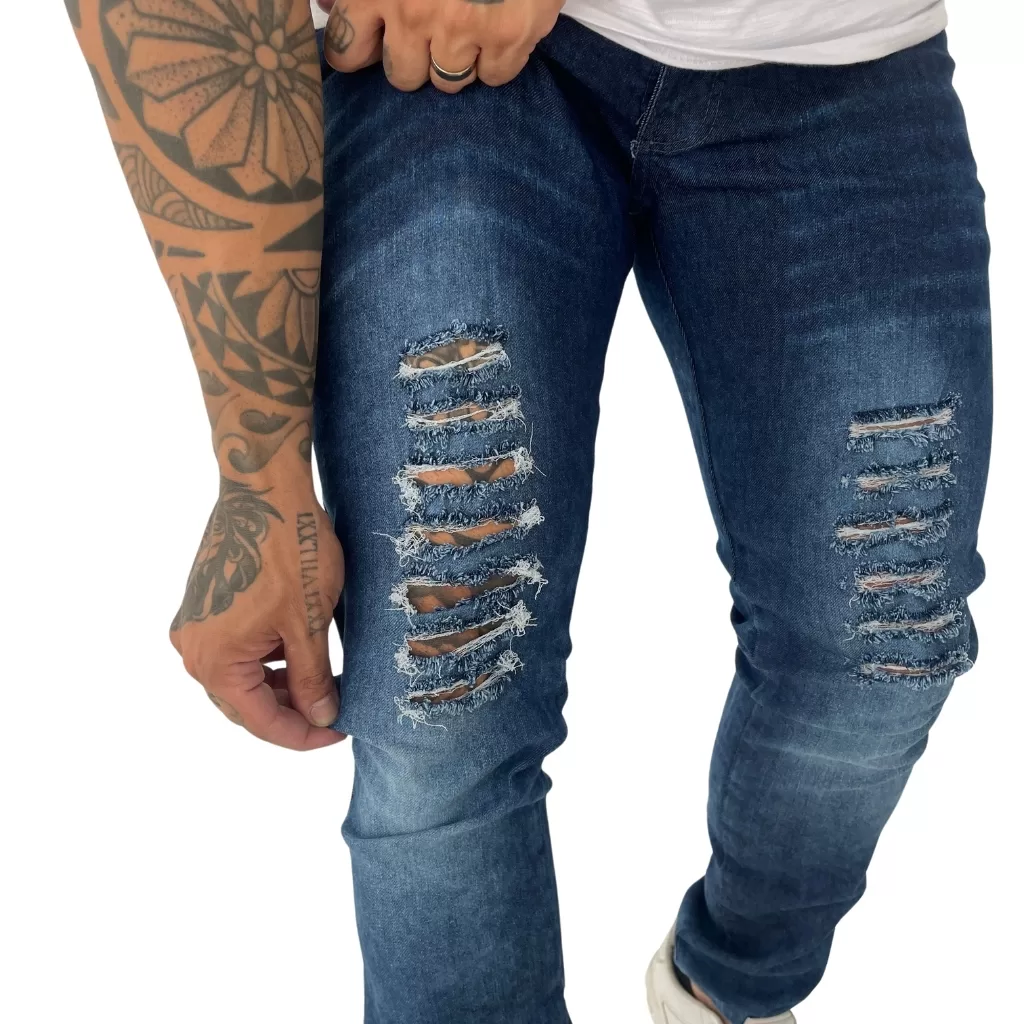 Calça Jeans Masculina Skinny Tendência Rasgos
