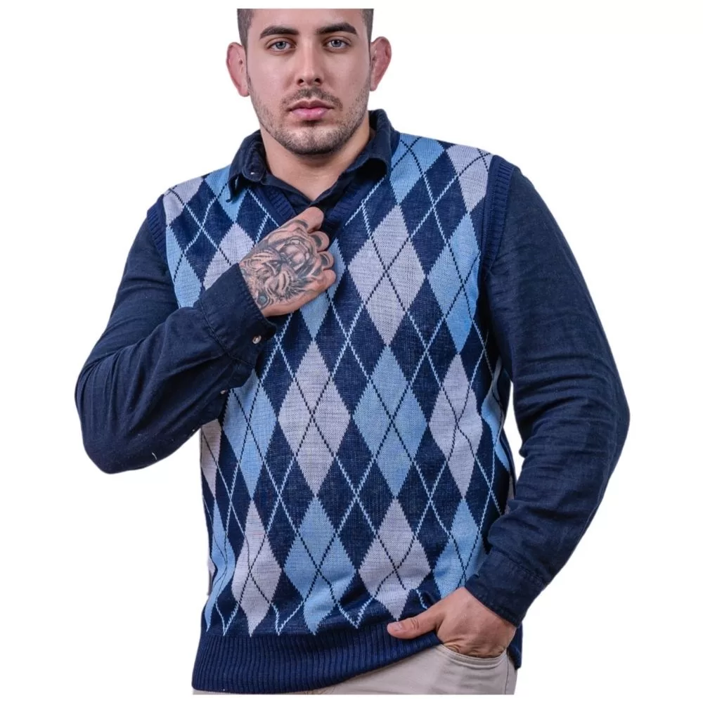 Colete Masculino Premium Tricot Pullover Social Gola V Xadrez