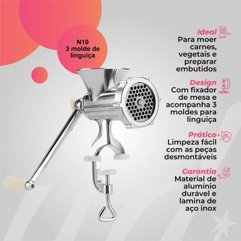 Moedor de Carne Manual N10 Alumínio Durável com 