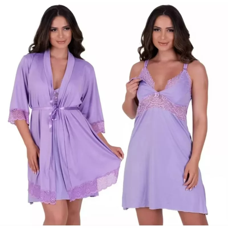 Robe + camisola amamentação detalhes em renda roupa para gestante pós parto saída maternidade roupão