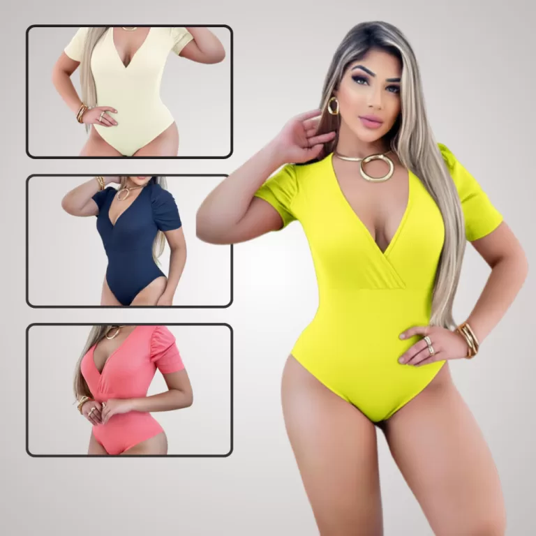 Body Feminino Malha Ribana Rosa Decote em V Collan