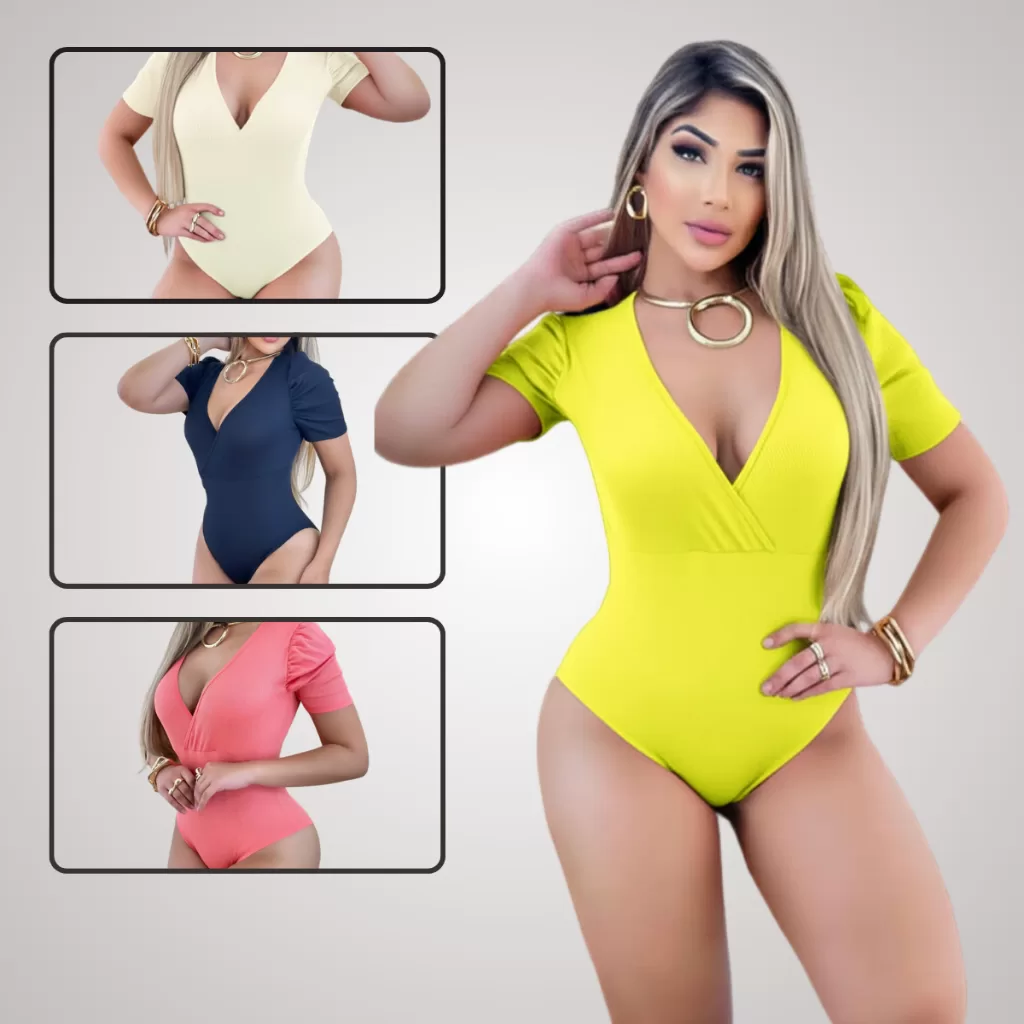 Body Feminino Malha Ribana Rosa Decote em V Collant Básico Moda Gringa