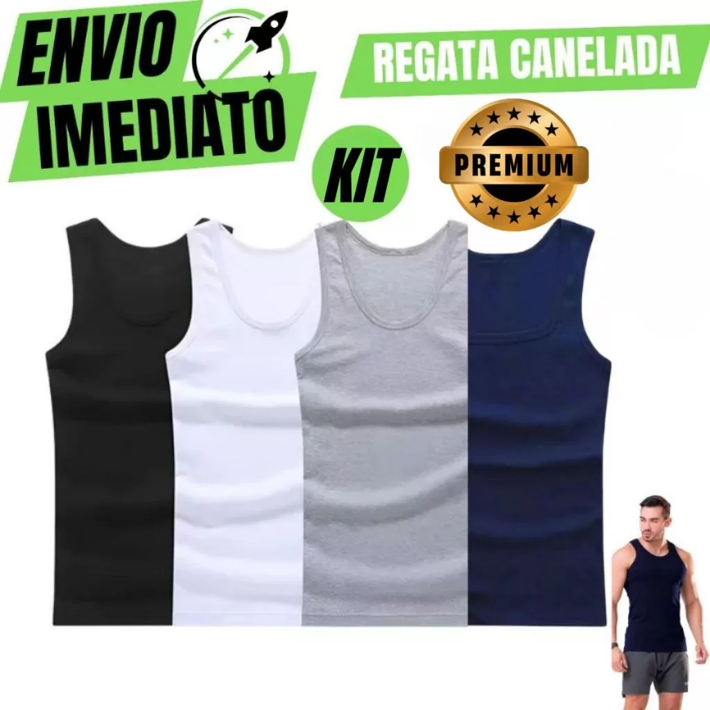 Jogo De 4 Regata Premium Masculina Modelo Americano Canelada Algodão e Elastano Malha Encorpada Ultr