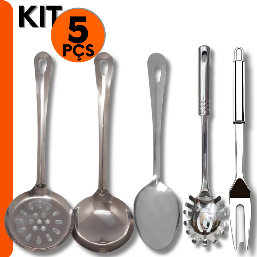 Kit Inox Colher de Arroz, Concha, Escumadeira, Garfo Trinchate, Pegador de massa :Cozinha Restaurant