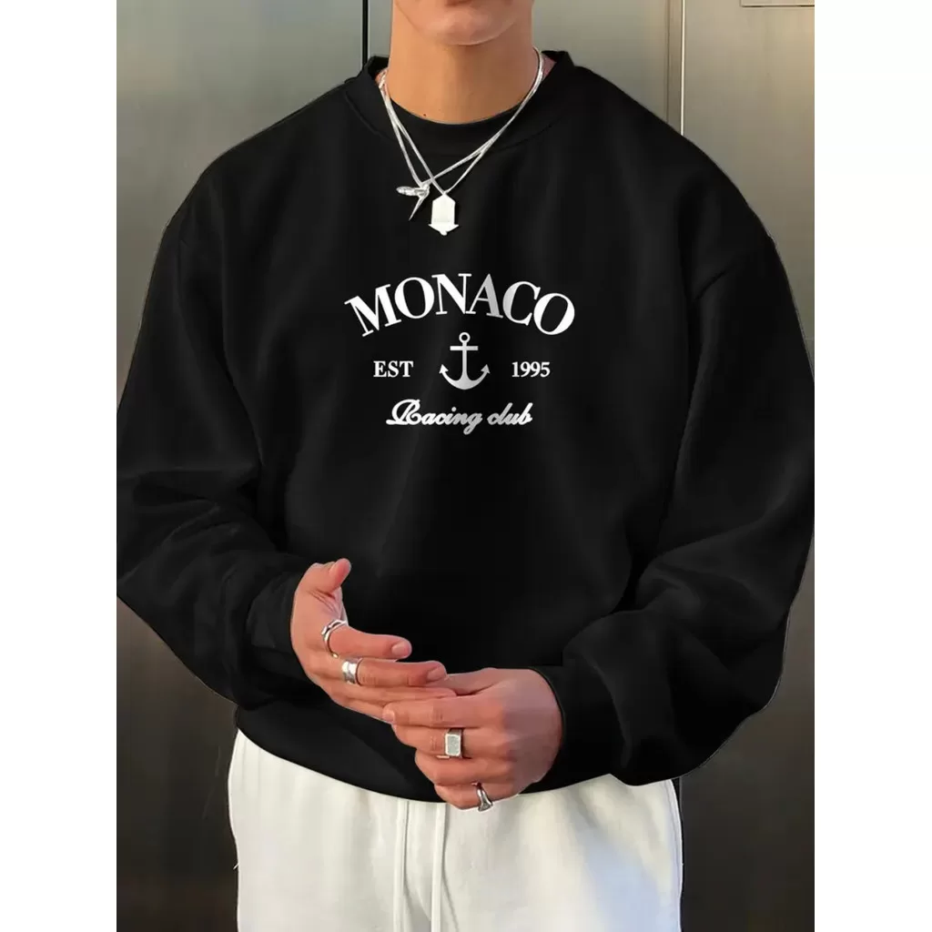 Moletom Maculino Blusa de Frio Casaco Grosso Sem Capuz Flanelado Estampado Monaco Lançamento