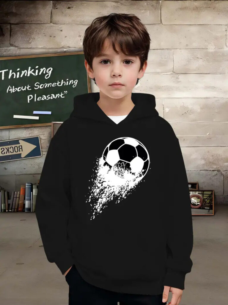 Blusa De Frio Moletom infantil Estampado Bola De Futebol Com Capuz Canguru Algodão Peluciado