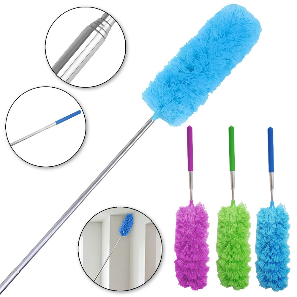 ESPANADOR PÓ DE POLIESTER CABO INOX METAL EXTENSÍVEL MULTIUSO AZUL ROSA VERDE