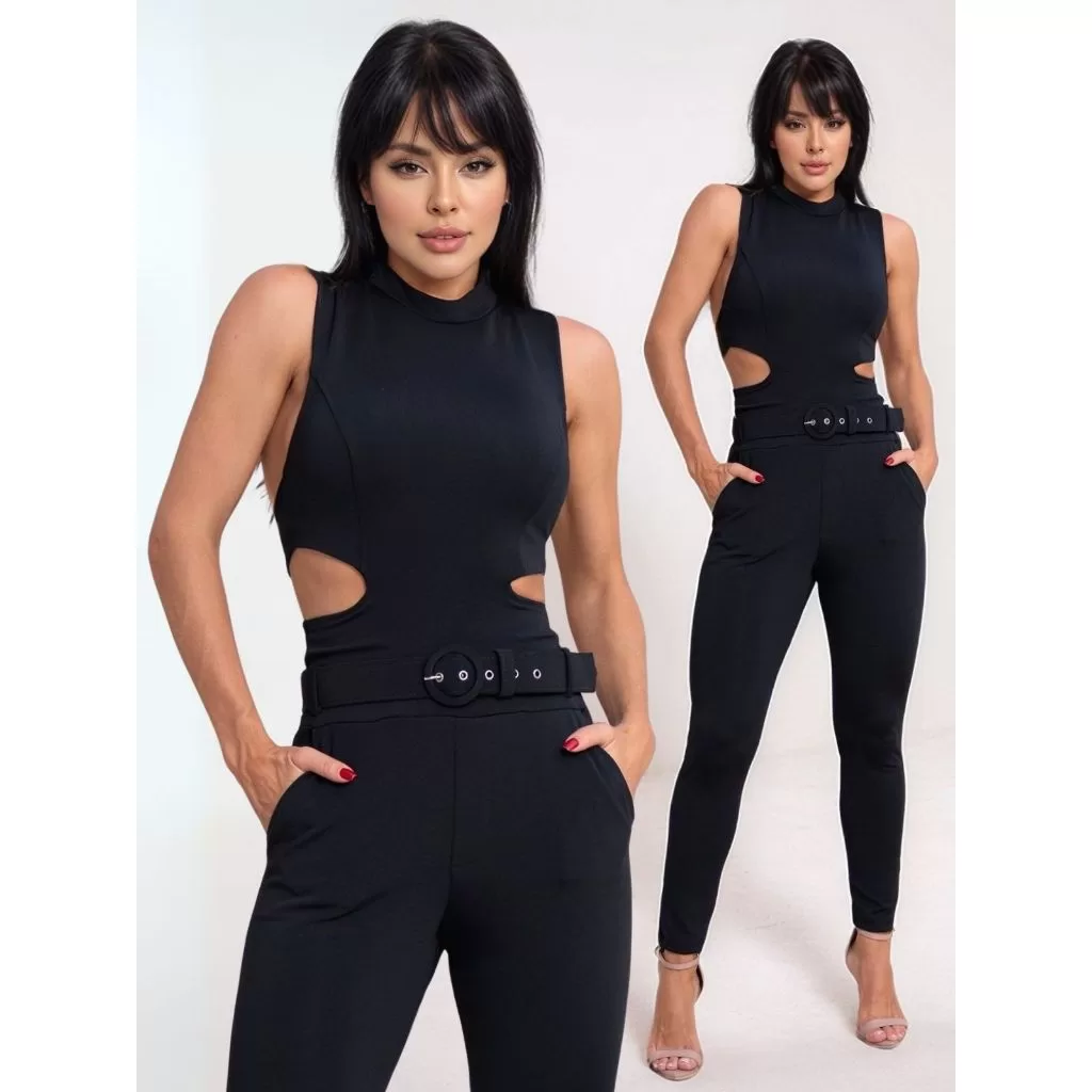 Macacão Montaria Afina Cintura Cinto Forrado Tecido Elastano Elegante