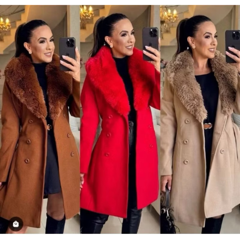 Jaqueta Casaco de Lã Batida Sobretudo de Inverno oPelos Removivel Parka 6 Botões