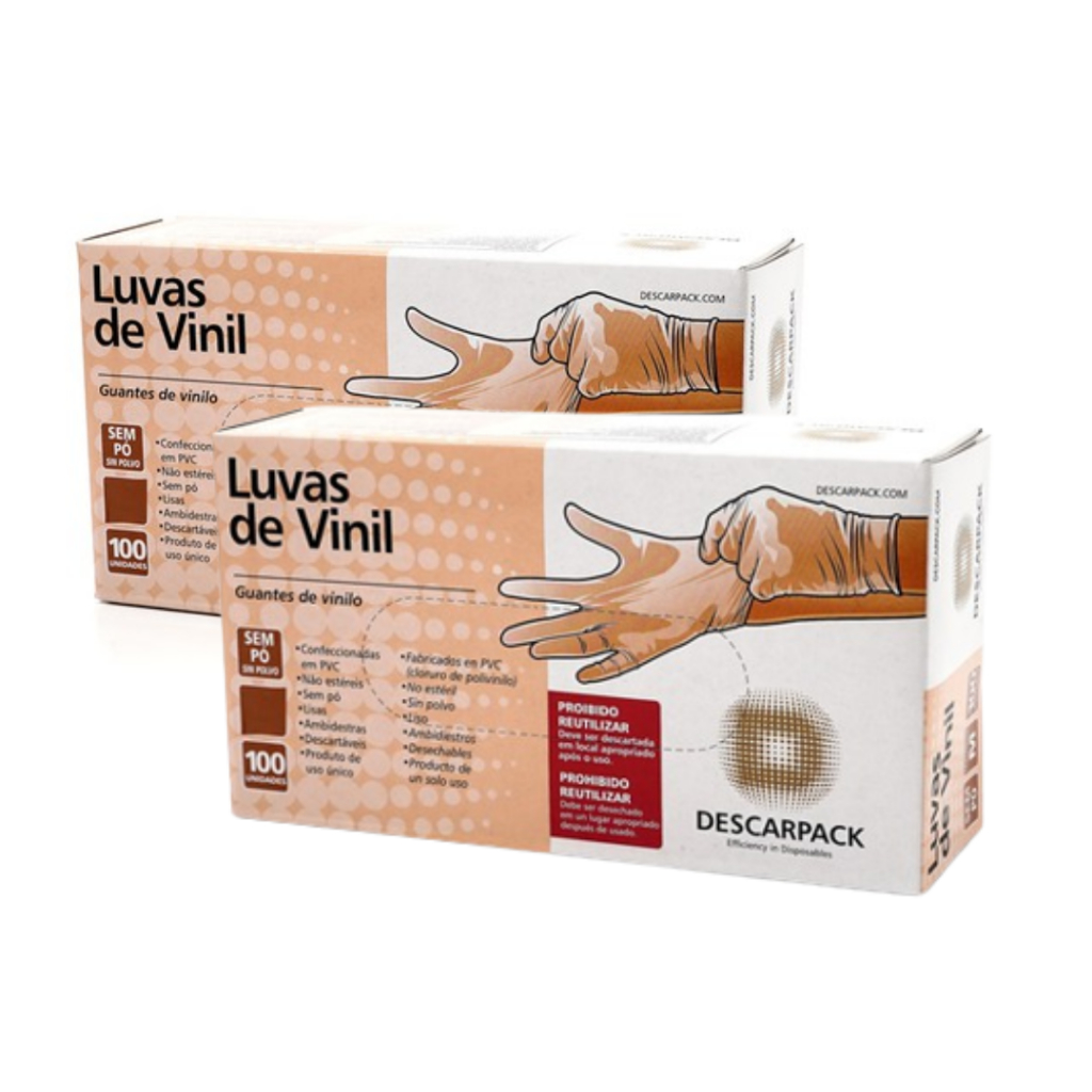 Kit 2 Luva Descarpack de Vinil Sem Pó Descartável 100 Uni