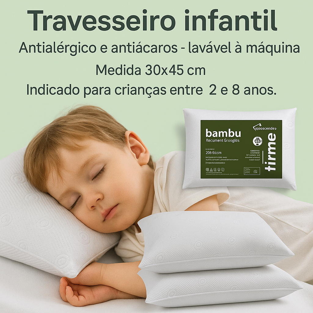 Travesseiro Infantil Antialérgico e antiácaros 30×45 Lavável á maquina de 2 á 8 Anos