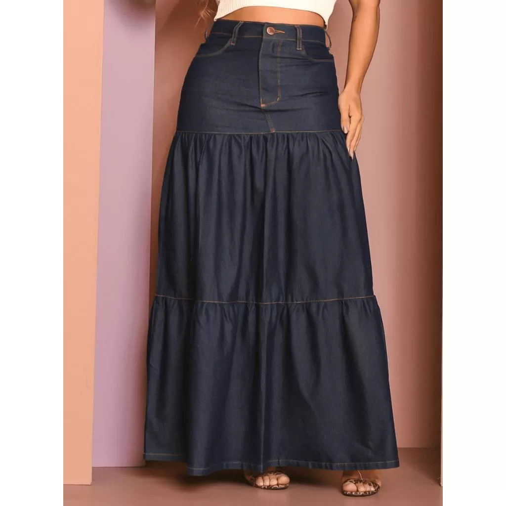 Saia Jeans Feminina Longa Moda Evangélica 2 Marias Lycra Rodada
