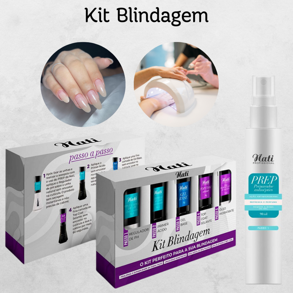 Kit Blindagem Completa para unhas de Gel Niveladora Nati Com Preparador Antisseptico