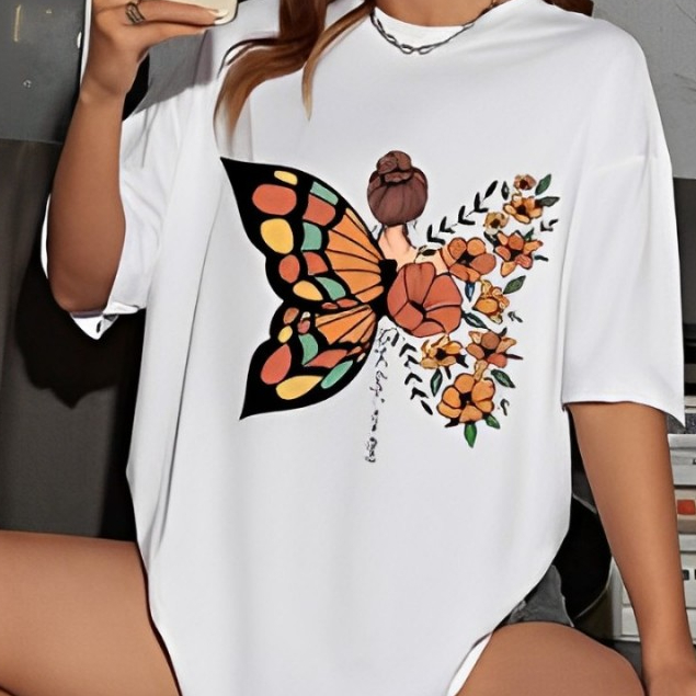 Camisa Feminina Estampada Ocasional Branco T Shirt