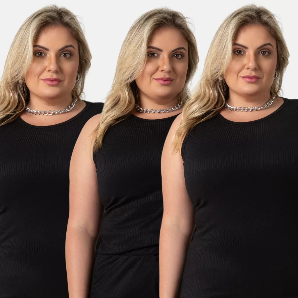 Kit 3 Regatas Canelada Feminina Plus Size Confortável Básica  1213-K3-C1
