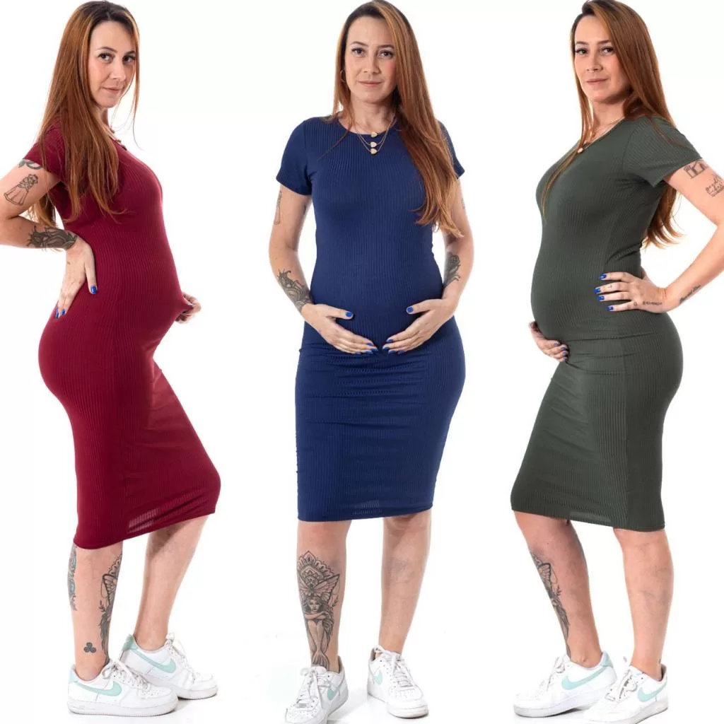 Vestido Midi Liso Canelado Gestante Maternidade Confortável Moderno Casual Social Longuete Slim Moda