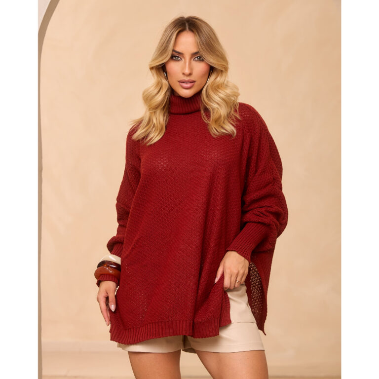 Poncho Feminino de Tricot Gola Alta Fenda na Later