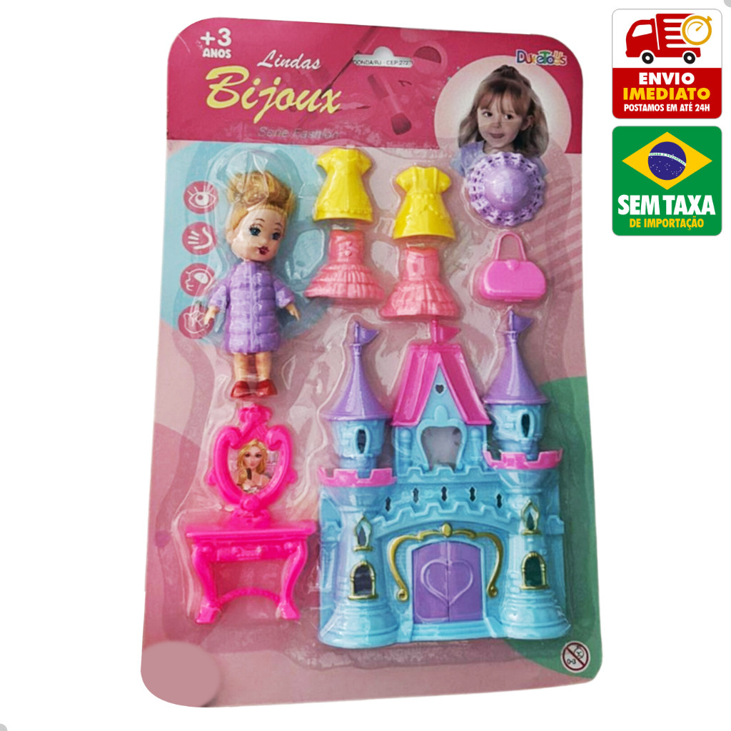 Brinquedo Castelo Princesa Plástico Com Boneca Troca Roupa Acessórios 9 Peças DuteToys DTY1111