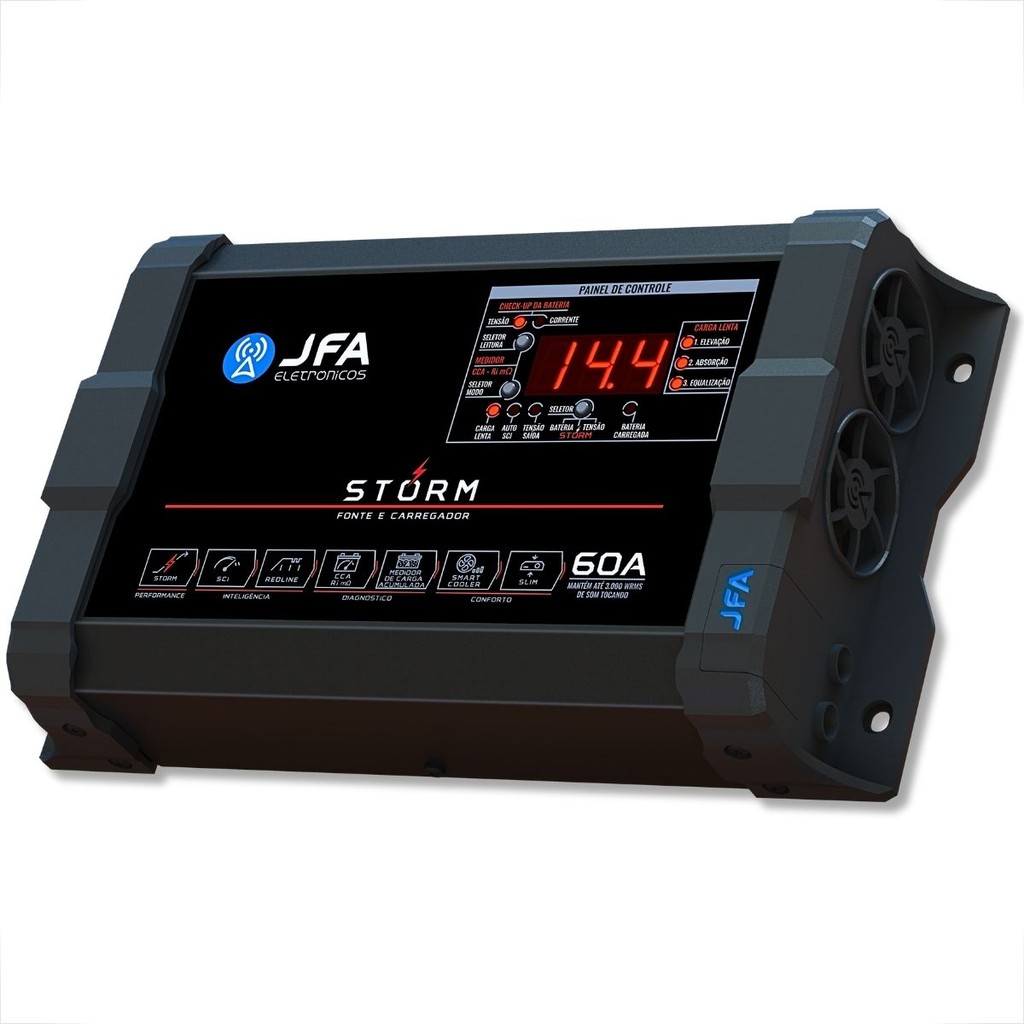 FONTE CARREGADOR AUTOMOTIVO JFA 60A AMPERES STORM PLUS SISTEMA INTELIGENTE MODELO NOVO