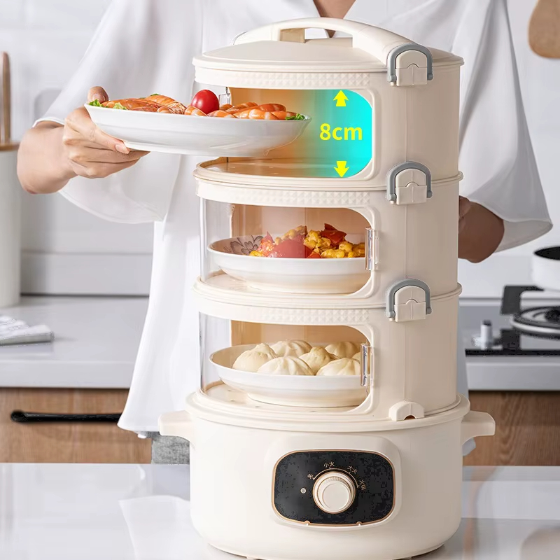 Panela Elétrica a Vapor 220V com Três Andares Portas Deslizantes e Aquecimento Eficiente