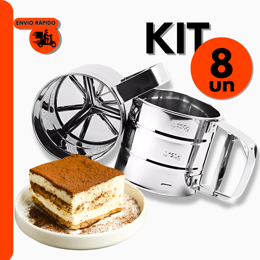 Kit 8 Peneira Polvilhador com Gatilho Inox do Chef Confeiteiro Para Doces Pães e Bolos Para Padaria