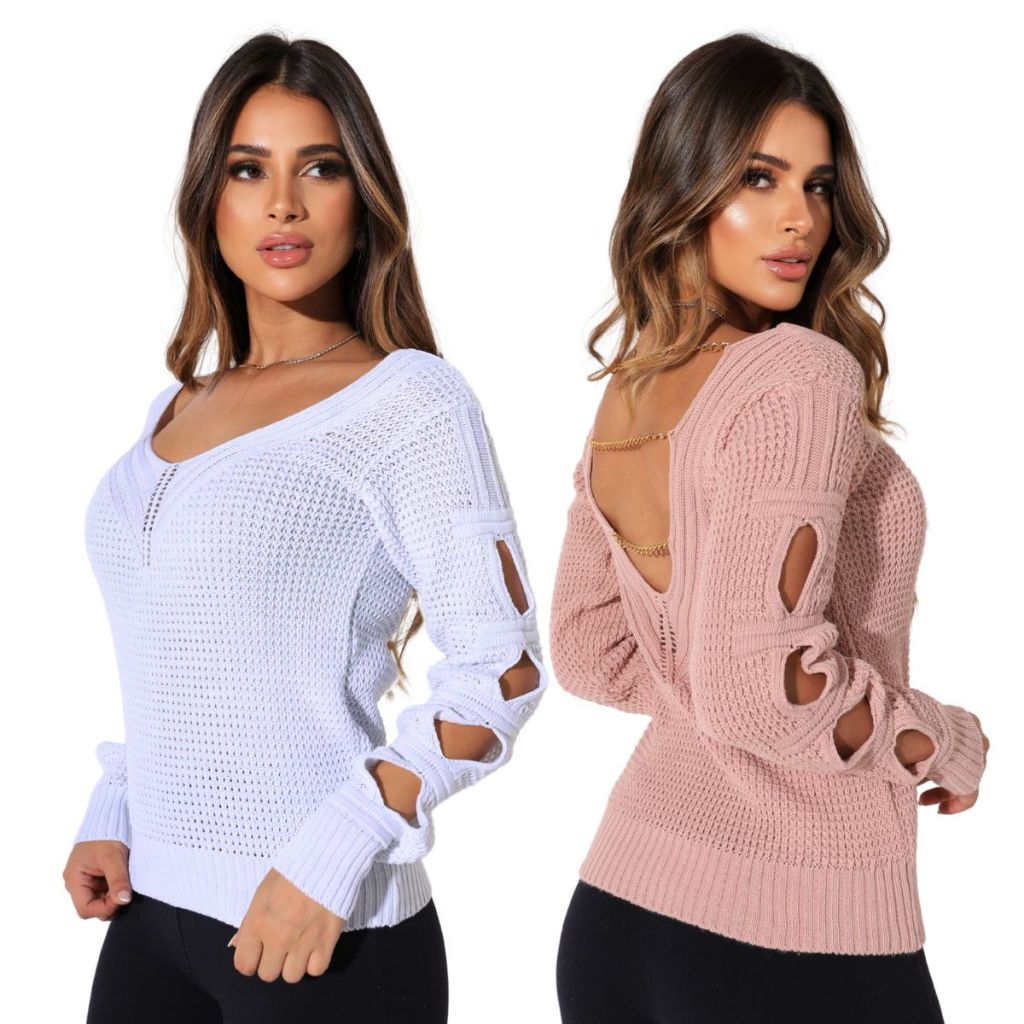 Kit 2 Blusa Feminina Tricot Manga Longa Frio Moda Outono