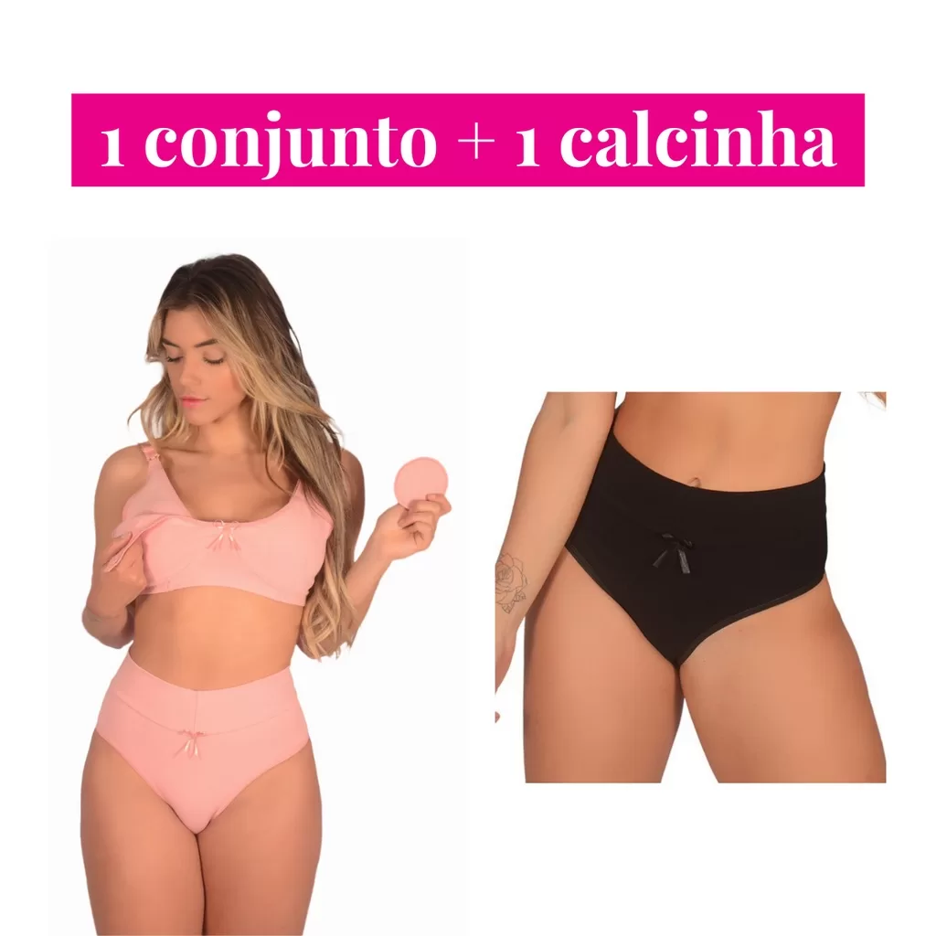 Kit 1 Conjunto Amamentação Algodão +1 Calcinha Pós Parto / Sutiã para Amamentar Reforçado sem Bojo e