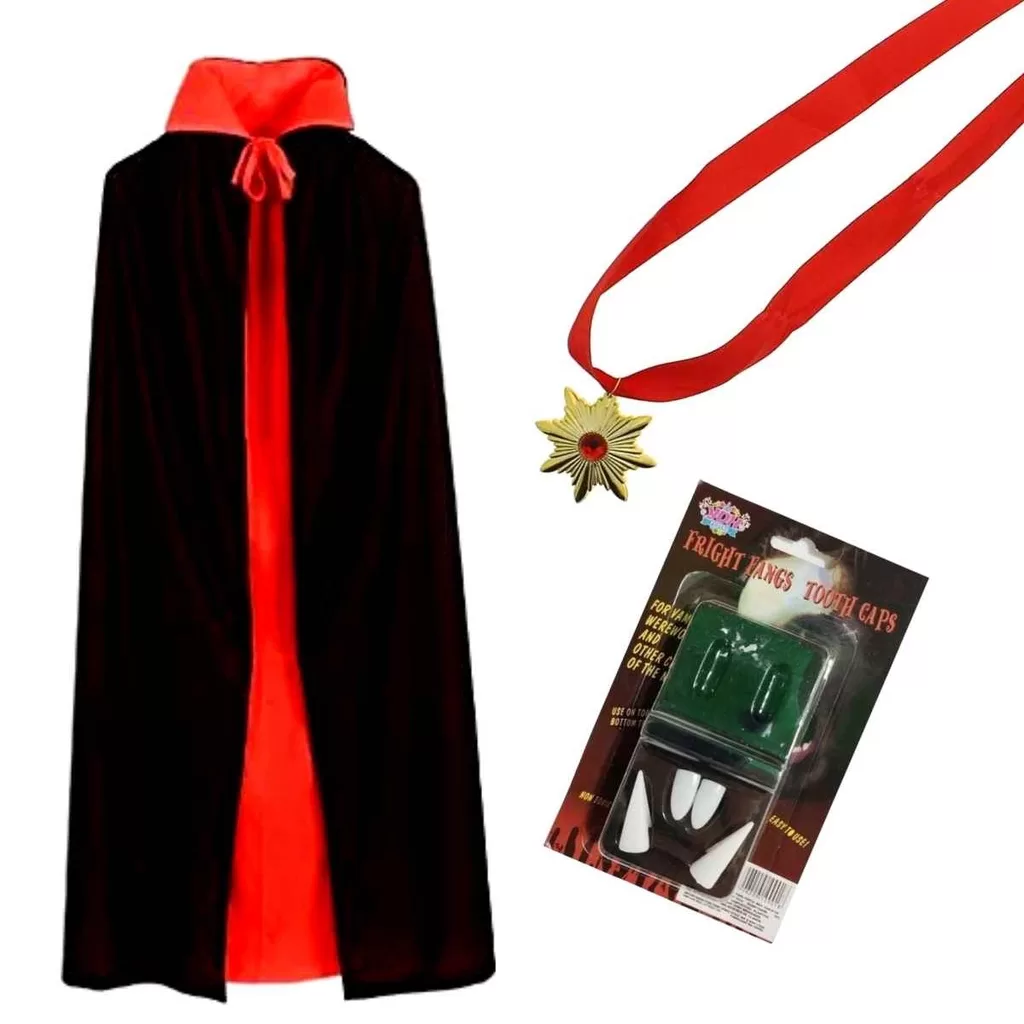 Fantasia Drácula Vampiro Halloween Kit Capa, Dente E Colar