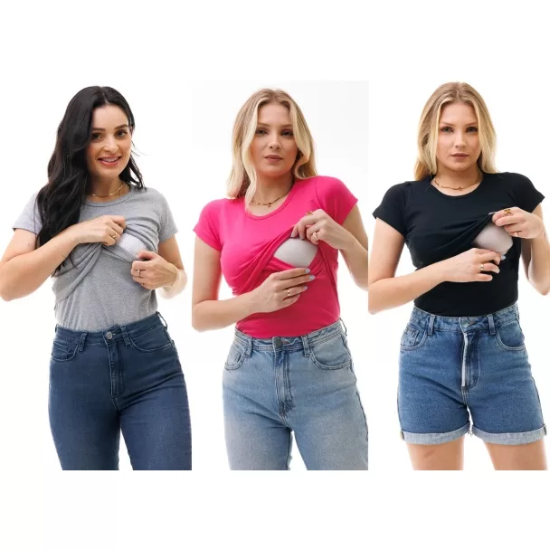 Kit com 3 Camisas de Manga Curta com Gola Redonda 