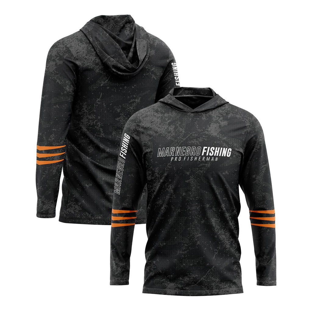 Camisa Sublimada Proteção Solar UV Estonada Preta Com Capuz- Mar Negro