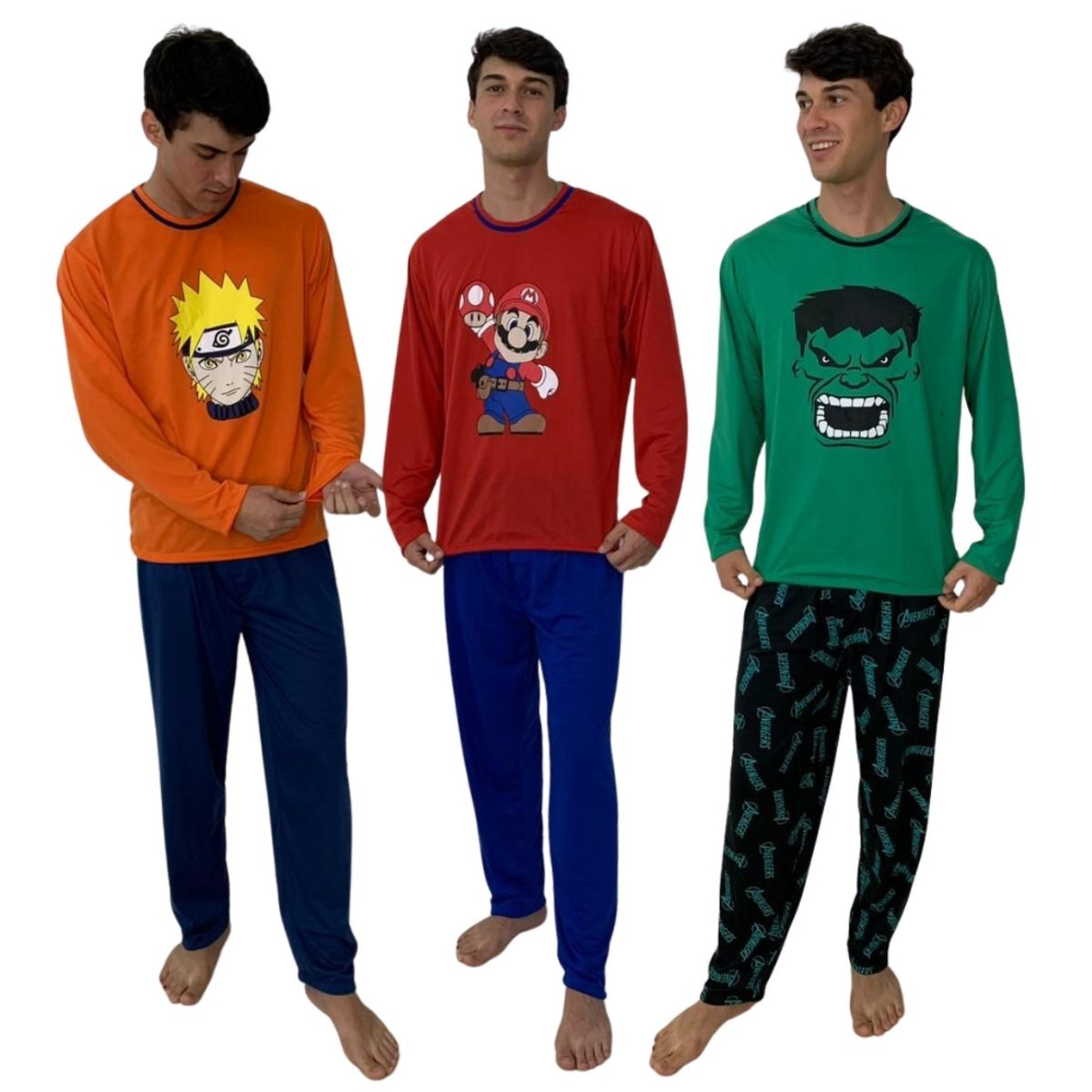 Pijama Masculino Adulto Personagem / Manga Longa / Roupa de Dormir /