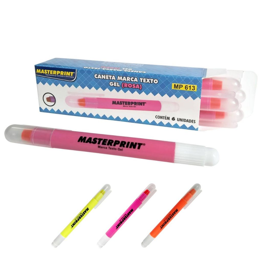 Marca Texto em Gel Neon Ponta Retrátil Masterprint MP 613 Caixa com 6 Canetas
