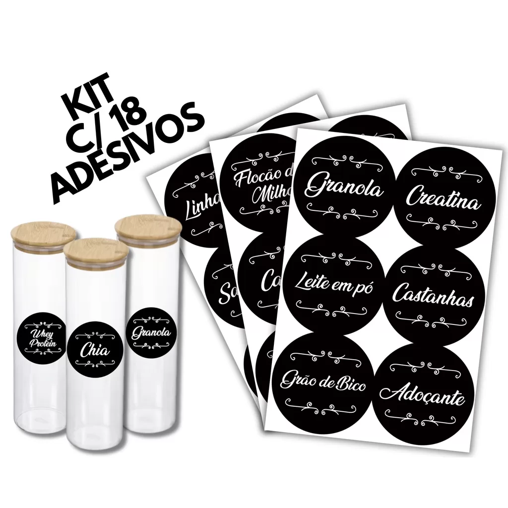 18 Etiquetas Adesivas para Potes Fitness – Temperos e Grãos – Preto e Transparente