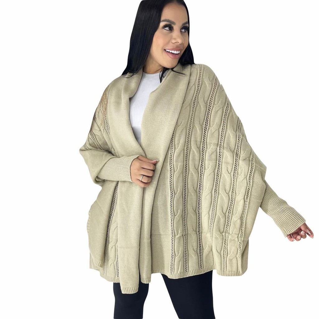 Casaco de Lã Kimono Tricô Capa Moda Outono Inverno Juliete