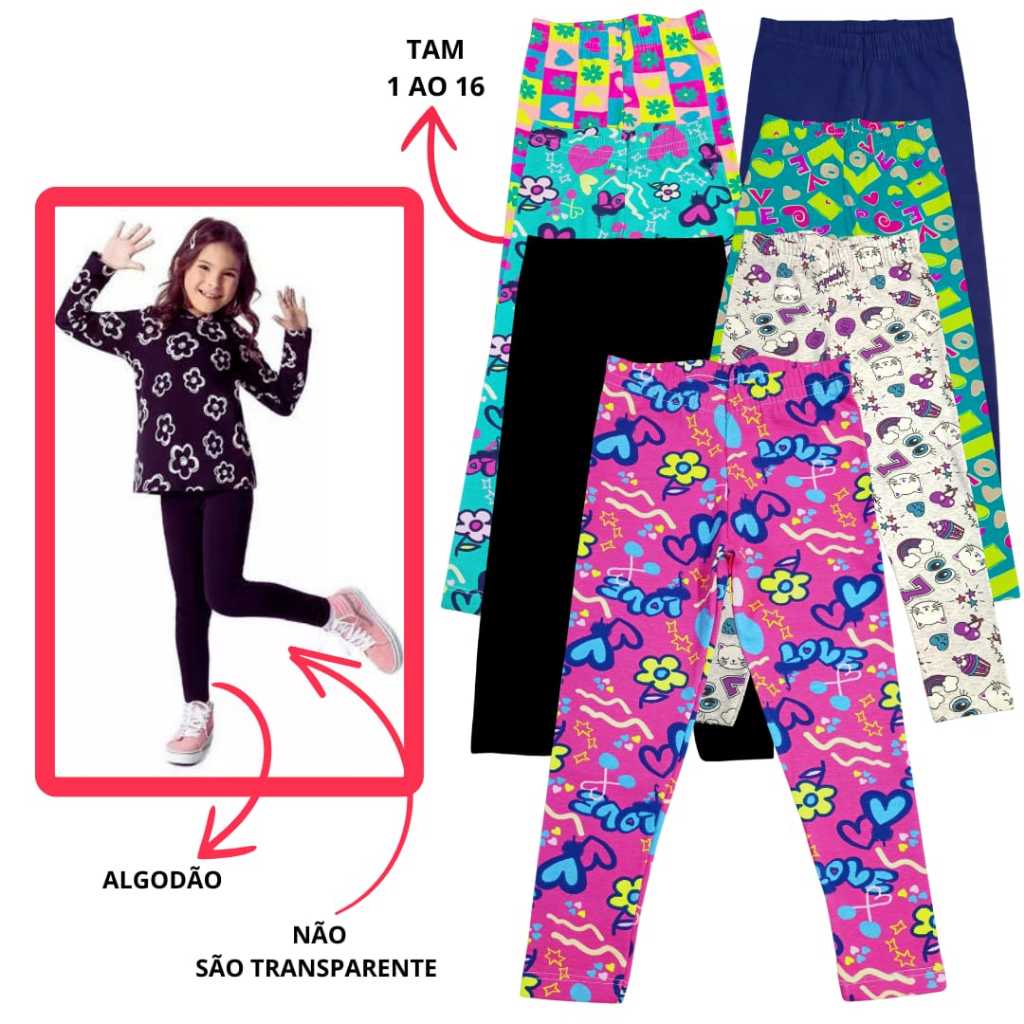 Kit 6 Calça Legging Infantil Menina Feminino Algodão Suplex Calça Legue Escolar Lisa e  Estampada