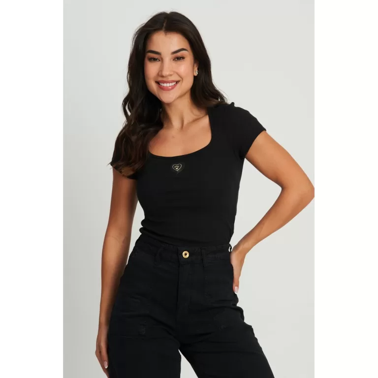 Blusa Feminina Casual Decote Reto Polo Wear Preto
