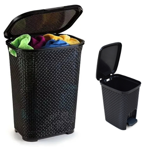 Kit Cesto Rattan 50L Basculado Com Tampa Preto + L