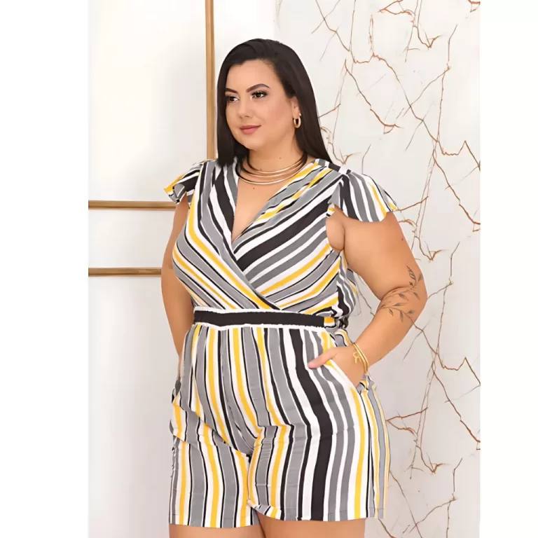 Macaquinho Plus Size Feminino Listrado Macacão Mo
