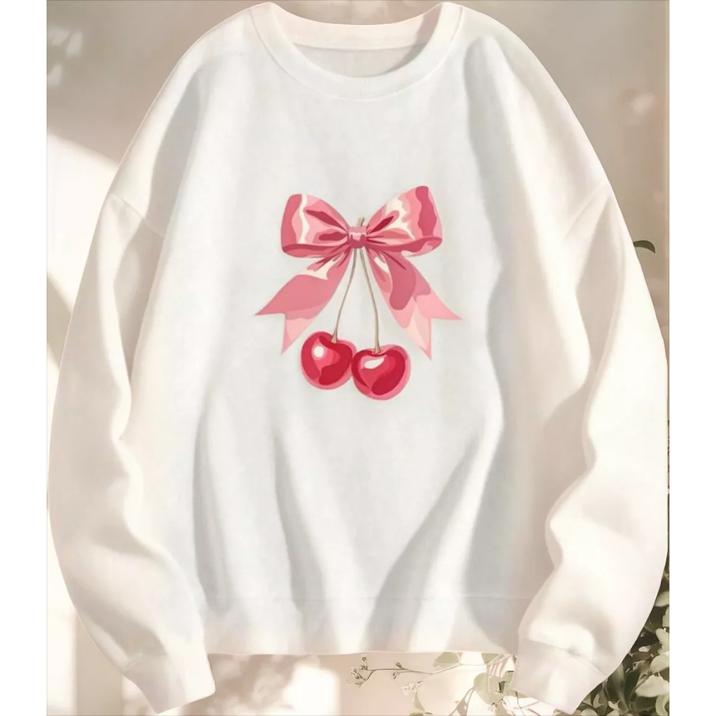 Moletom Gola Redonda Style Feminino Tecido Flelado Estampa Cherry Laço Rosa Aesthetic Moda Winter