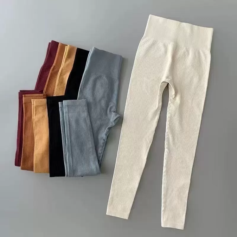 Calça Legging Push Up Canelada de Cintura Alta Sem Costura para Academia Feminina Esportiva sem Cost