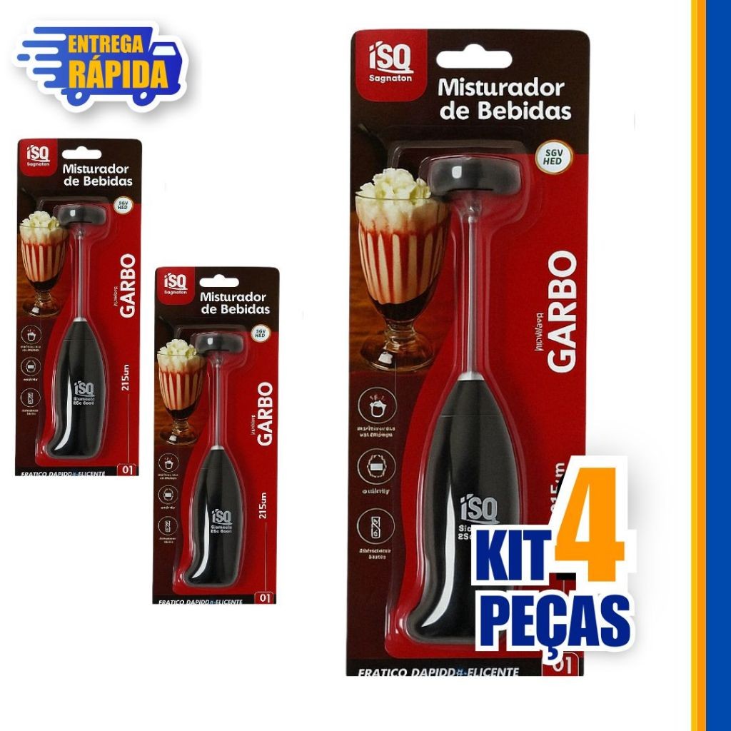 JOGO 4 Misturador Mini Mixer Elétrico Batedor Inox Café Chá Bebidas Milk Shake Multiuso Universal