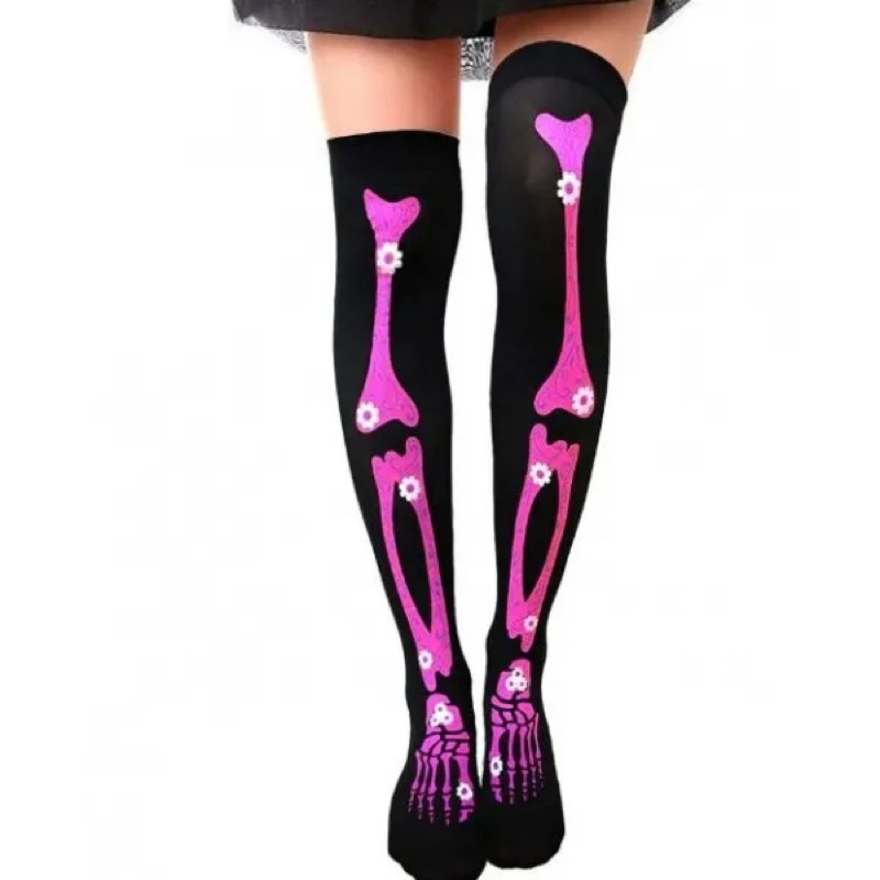 Meia 7/8 Fina Caveira Caveira Rosa Halloween