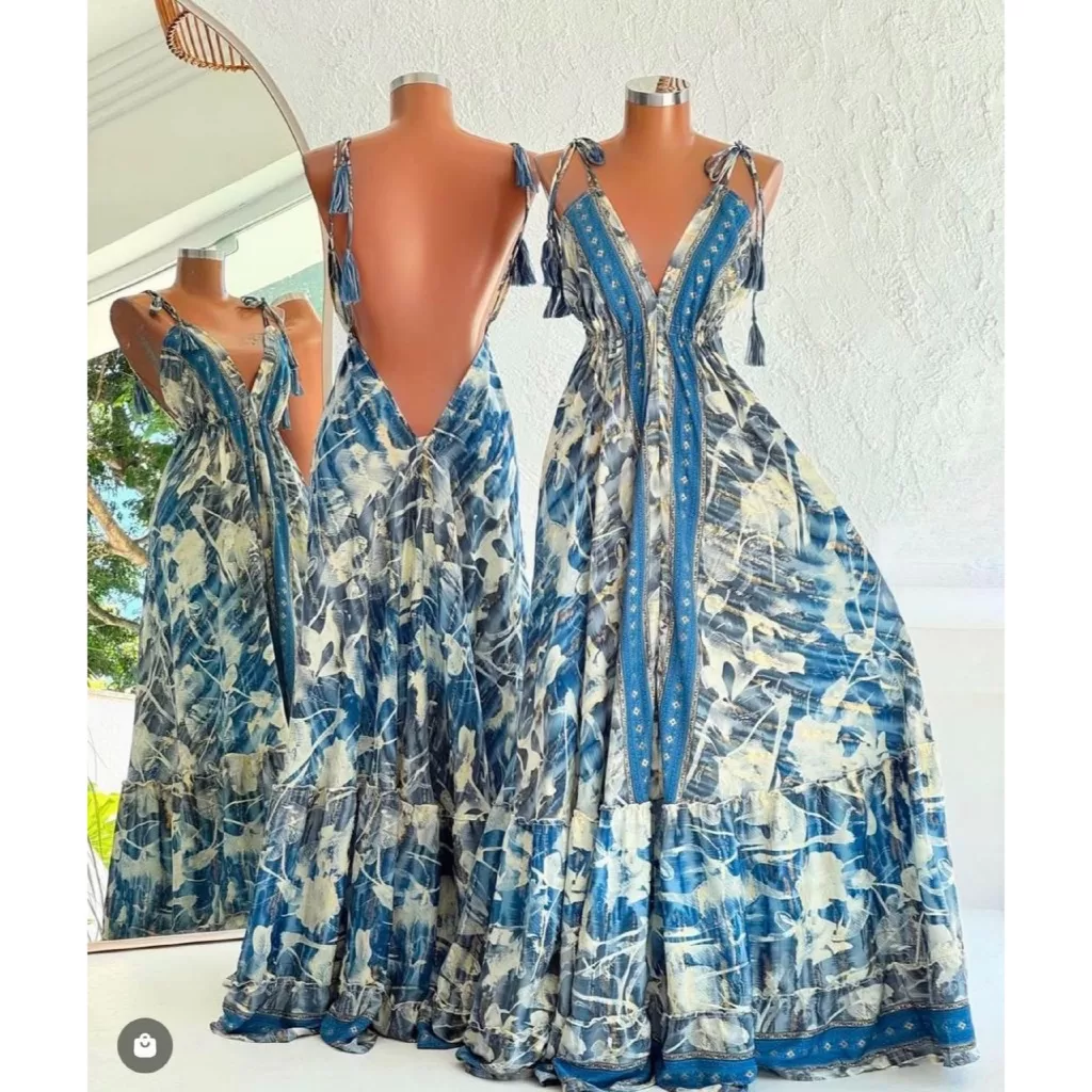 Vestido Longo Indiano Costa Nua estampado Elegante