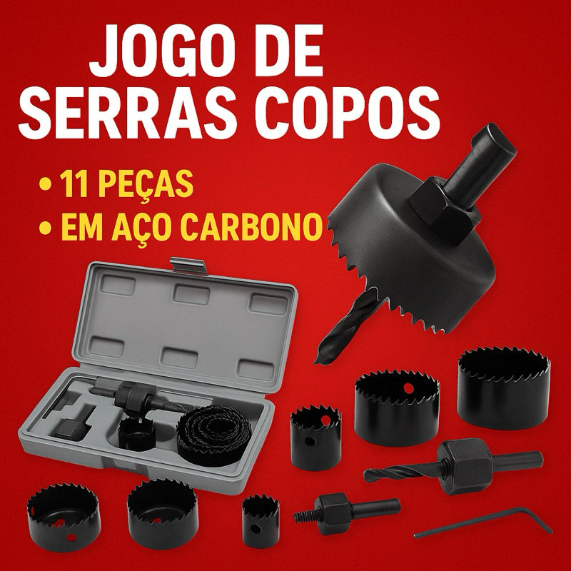 Kit jogo Serra copo profissional maleta 11 peças madeira e gesso, material aço carbono.