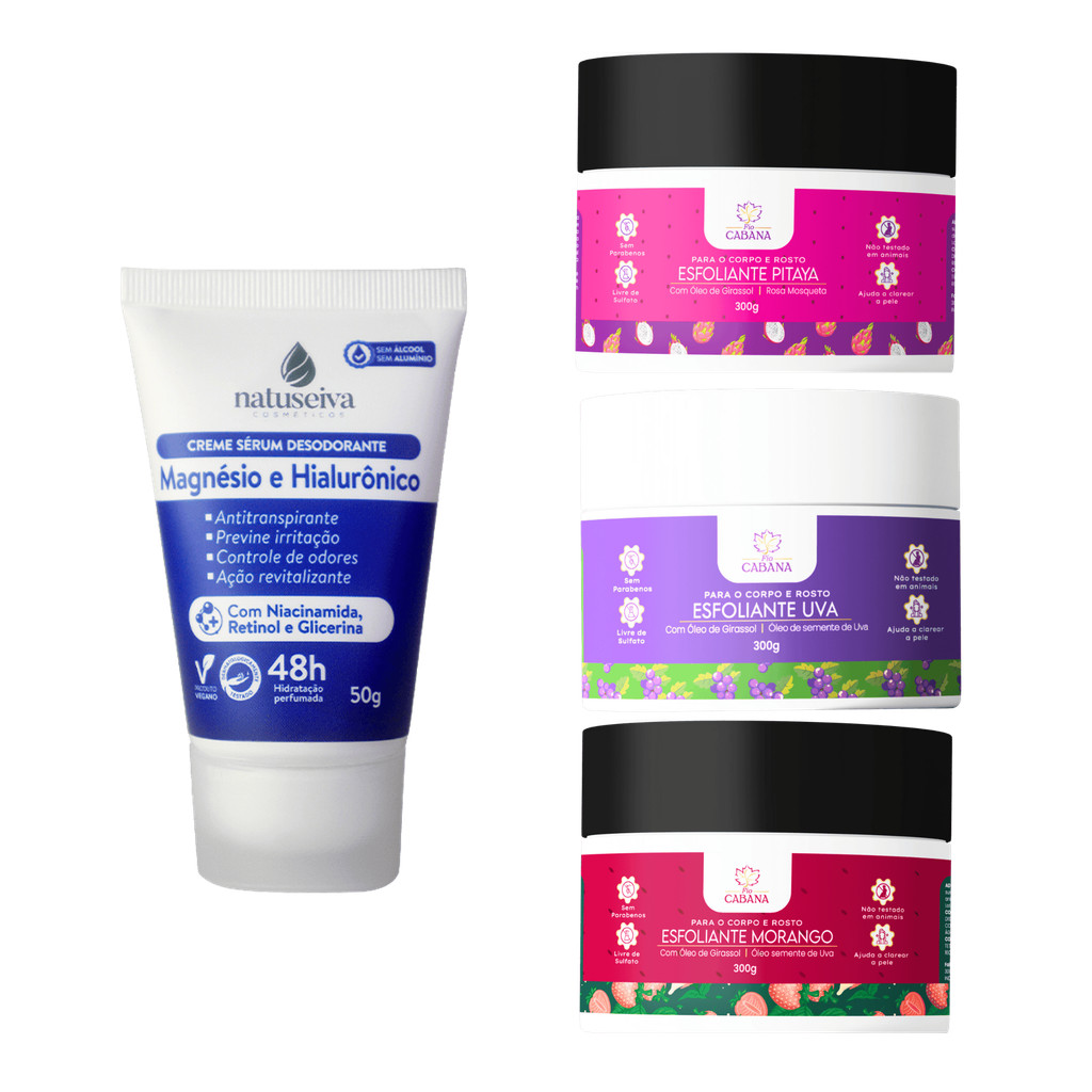 Kit – Desodorante Natuseiva Ácido Hialurônico + Esfoliante Fio Cabana 300g | Proteção e Renovação