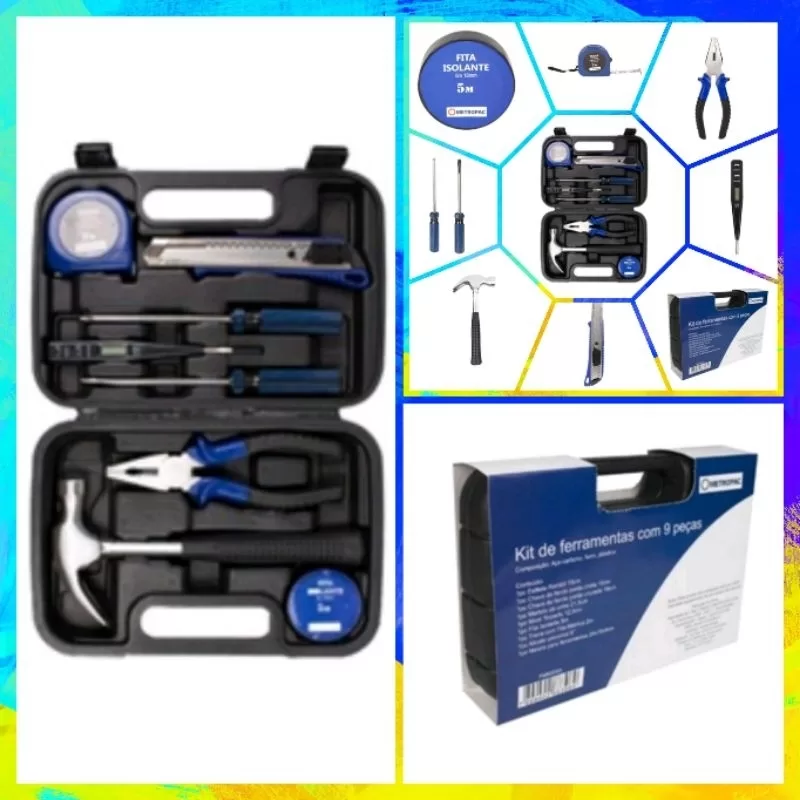 Kit de ferramentas com 9 peças metropac/ Maleta de ferramentas/ Estilete retrátil/ Chave de fenda/ M