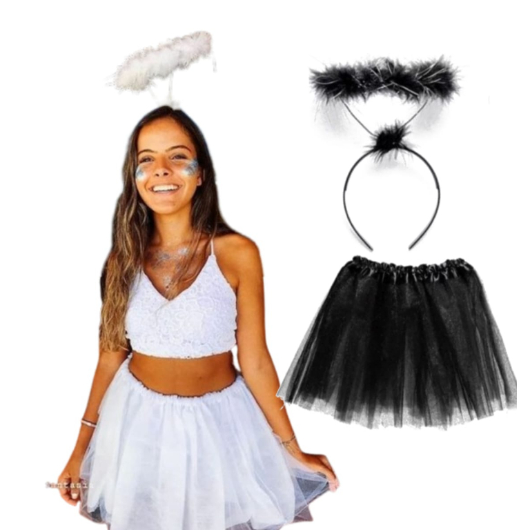 Fantasia Anjo Tiara e Saia de Tule Preta ou Branca