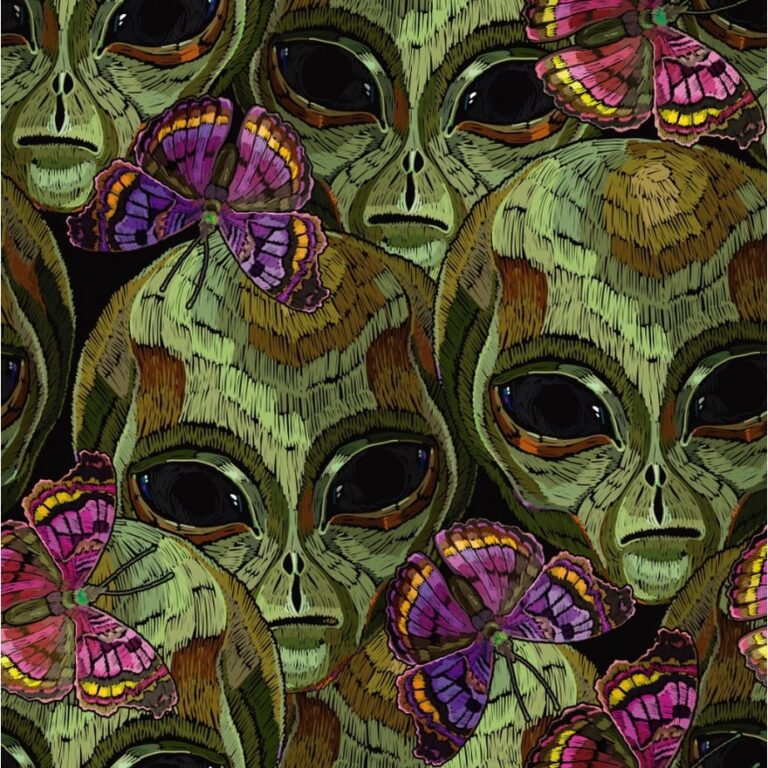Tecido Cetim Estampado Digital Aliens Fundo Preto